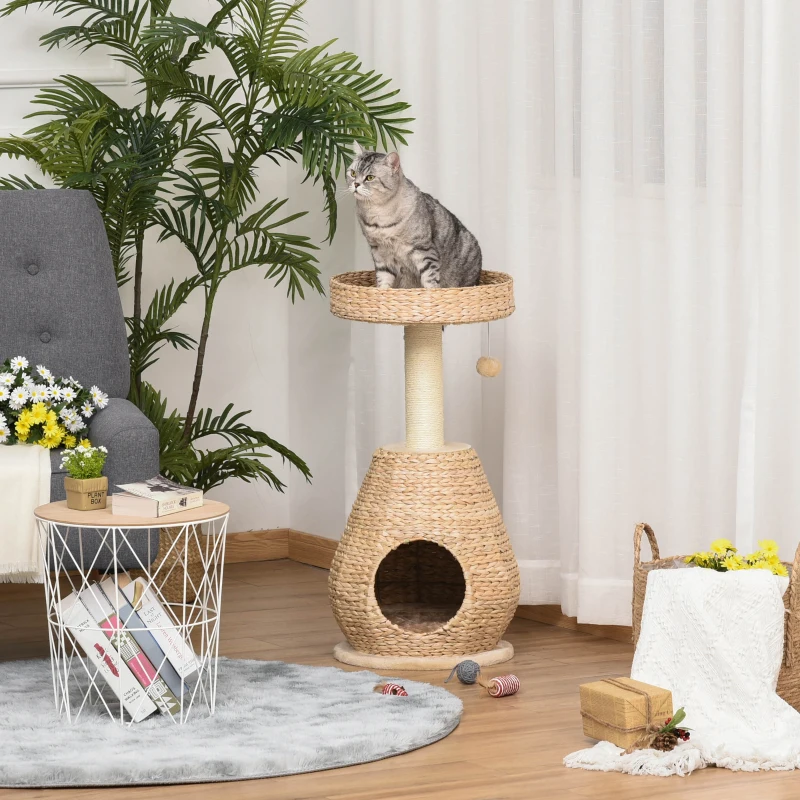 PawHut kattenboom krabpaal met kattengrot sisal hoogte 82,5 cm zacht pluche geel