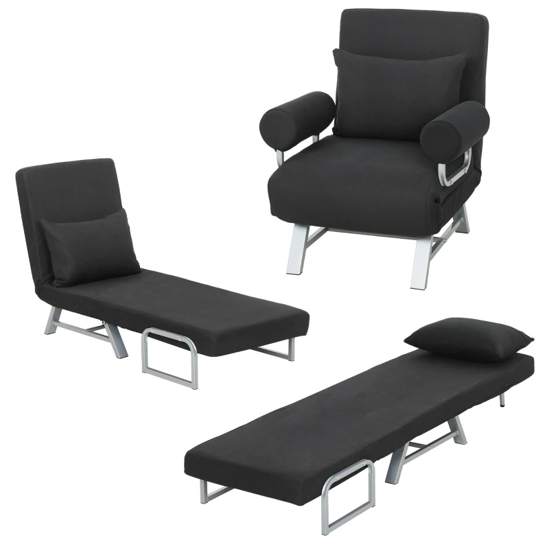 HOMCOM Single Sofa Bed, 3-in-1 Convertible Folding Chair Bed with Adjustable Backrest, Removable Armrests, Black