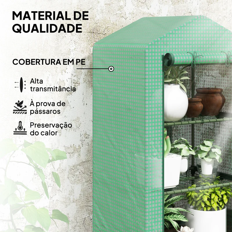 Outsunny Estufa de Jardim de 3 Níveis Porta Enrolável Estrutura Metálica Cobertura de PE Anti-UV 69x49x125 cm Verde