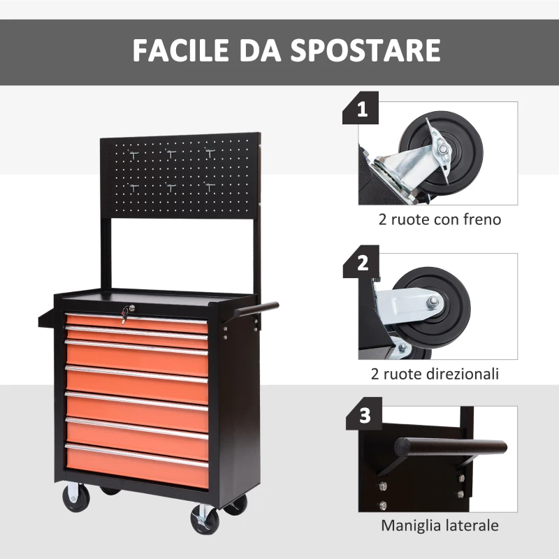 HOMCOM Carrello Porta Utensili Attrezzi Attrezzatura con Cassettiera 61.5 x 33 x 76cm Nero e Arancione