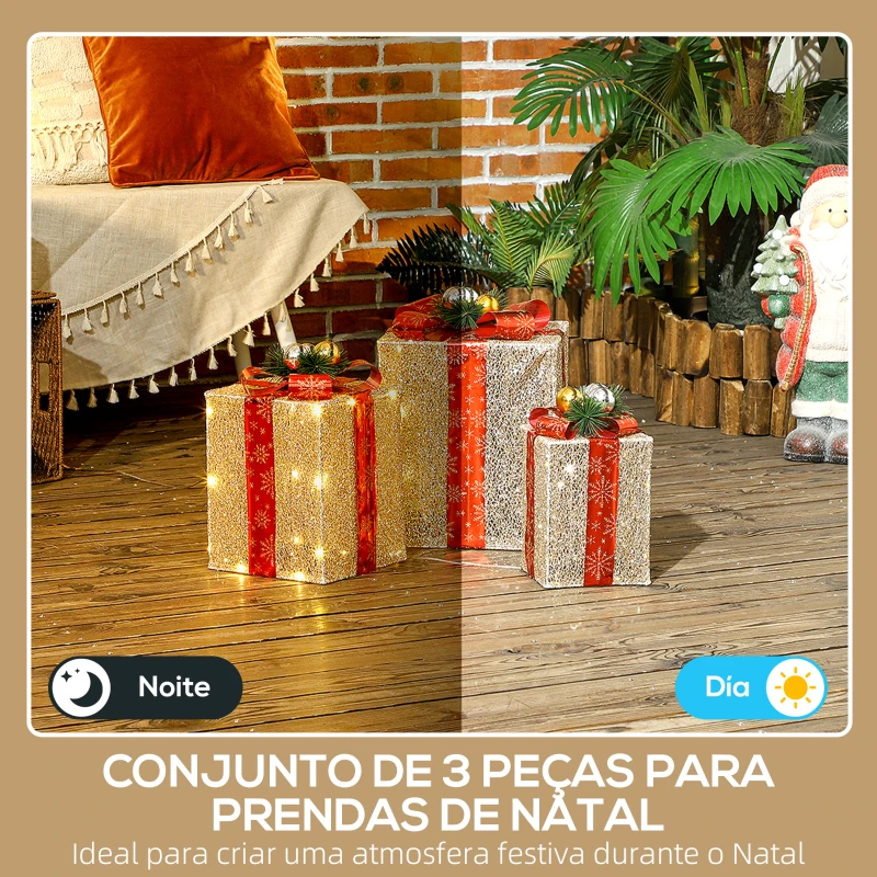 Outsunny Conjunto de 3 Caixas de Presente de Natal com 58 LEDs Branco Quente Enfeites Luminosos para a Árvore de Natal Dourado