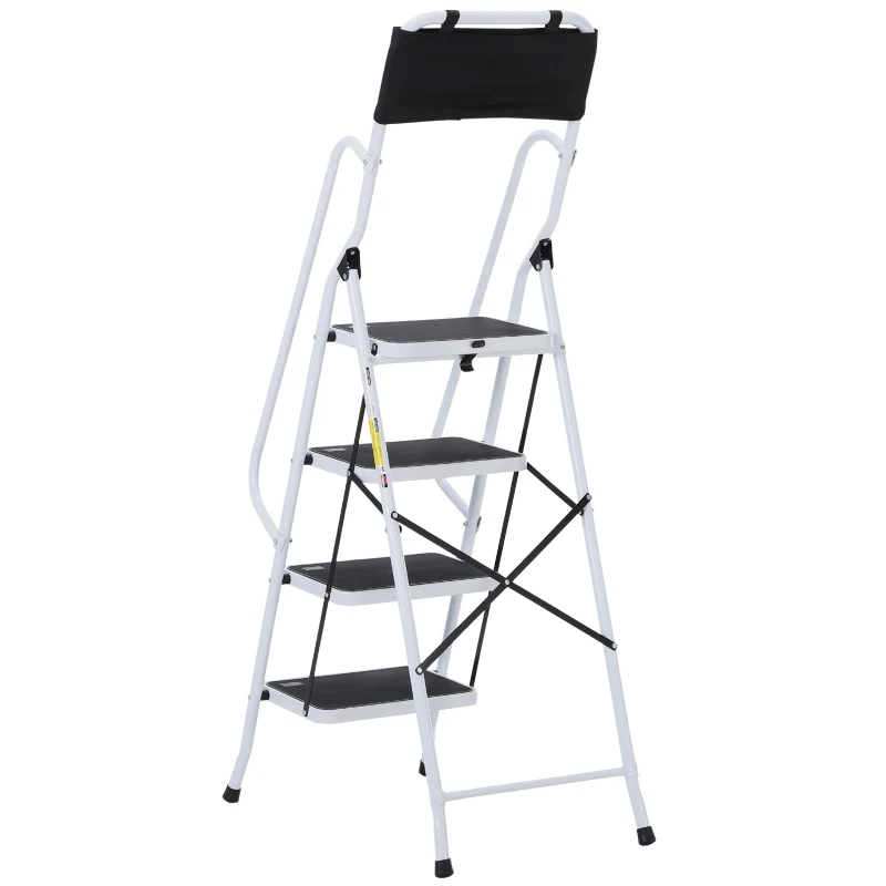 HOMCOM Escabeau pliable 4 marches XL antidérapantes double garde corps hauteur max. 1,55 m charge max. 150 Kg pochette outils intégrée acier blanc noir