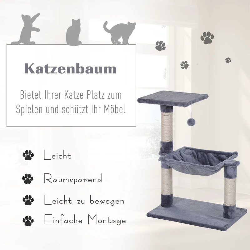 PawHut Kattenboom 3 verdiepingen krabpaal kattenbed met hangmat sisal paal pluche grijs(m-4)