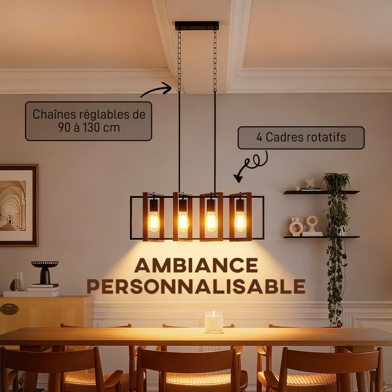 HOMCOM Suspension luminaire moderne, lustre plafonnier avec 4 cadres rotatifs et hauteur réglable, 80 x 21 x 90-130 cm, noyer