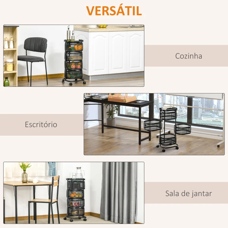 HOMCOM Carrinho Auxiliar com Rodas de 5 Níveis com 4 Cestas de Armazenamento Rotativas a 270° 33x33x77 cm Preto