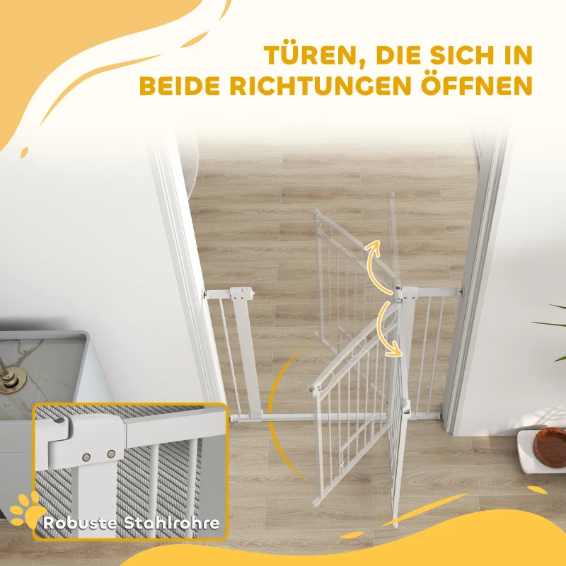 PawHut 106 cm Hoog Huisdierhek met Verstelbare Breedte en Geïntegreerde Kattendeur, voor Trappen en Deurkozijnen, Wit