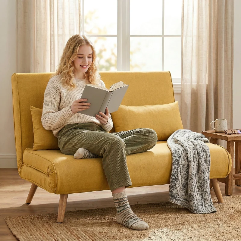 HOMCOM Sofá-Cama de 2 Lugares Dobrável Estofado em Linho com Encosto Ajustável em 5 Posições e 2 Almofadas Amarelo