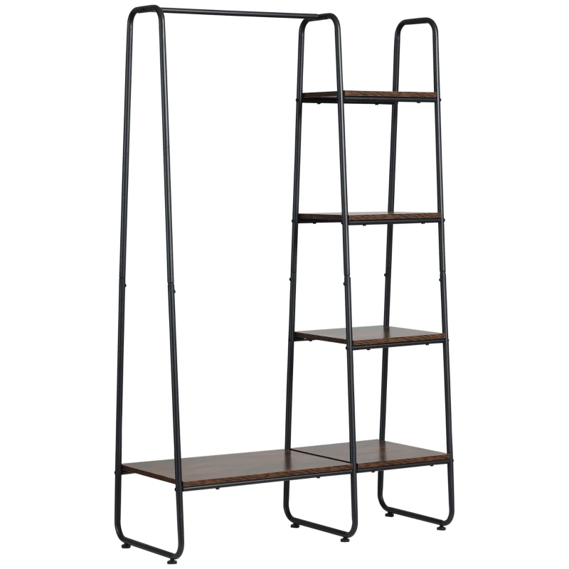HOMCOM Suporte para Cabides com 4 Prateleiras de Armazenamento e Barra de Pendurar Estilo Industrial 101x39x160cm Marrom e Preto