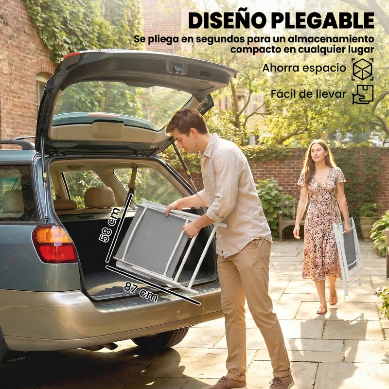 Outsunny Conjunto de 4 Sillas de Jardín Exterior Plegables con Respaldo Alto y Reposabrazos para Terraza Playa 58x62x97 cm Gris