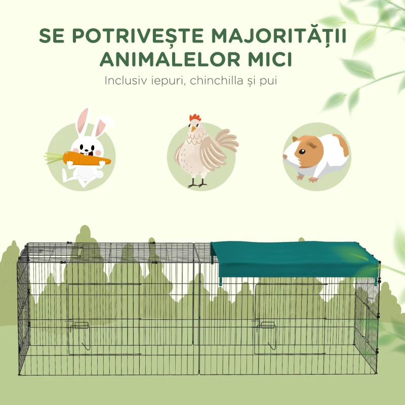 PawHut Cușcă pentru Iepuri de Exterior și Interior cu Acoperiș din Oțel, 220x85x70cm, Verde