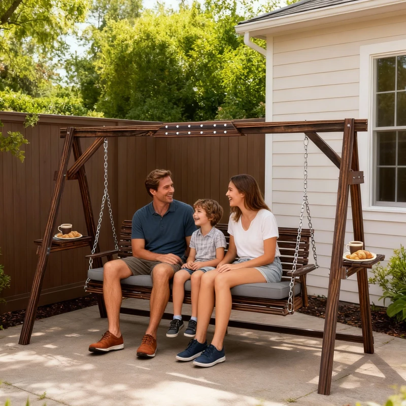 Outsunny 3 Seater Garden Swing Seat, Wooden Swing Chair Bench with Cushion, Side Trays and Metal Chains, for Outdoor Porch Patio, Carbonised Brown