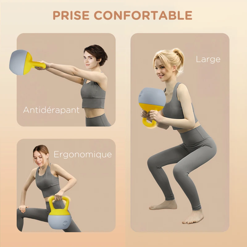 SPORTNOW Kettlebell 10kg haltère avec poignée antidérapante pour fitness musculation cardio, gris et jaune