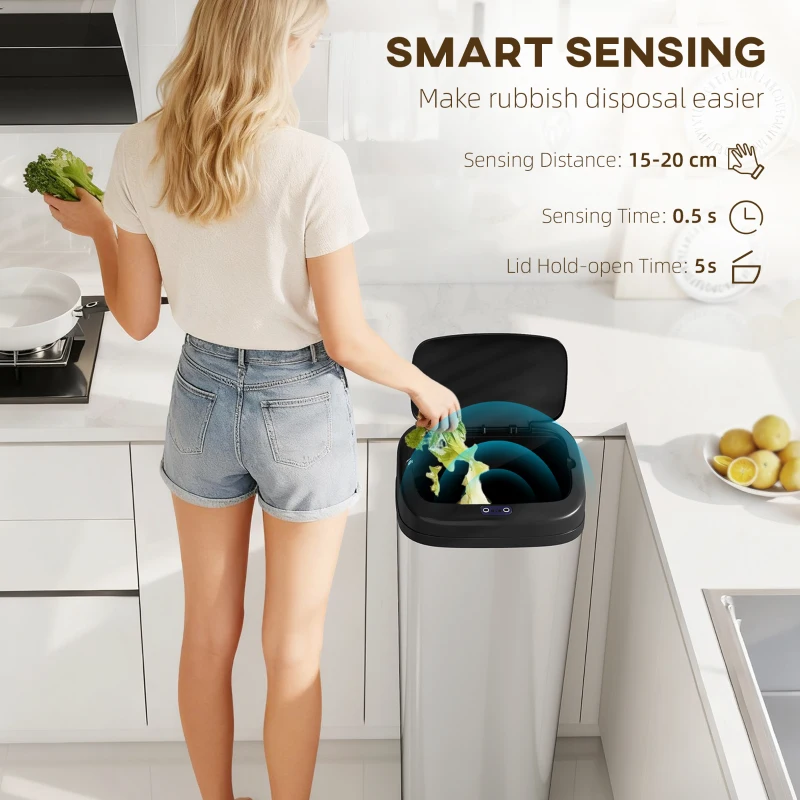 HOMCOM 50L Stainless Steel Sensor Bin - Silver Tone