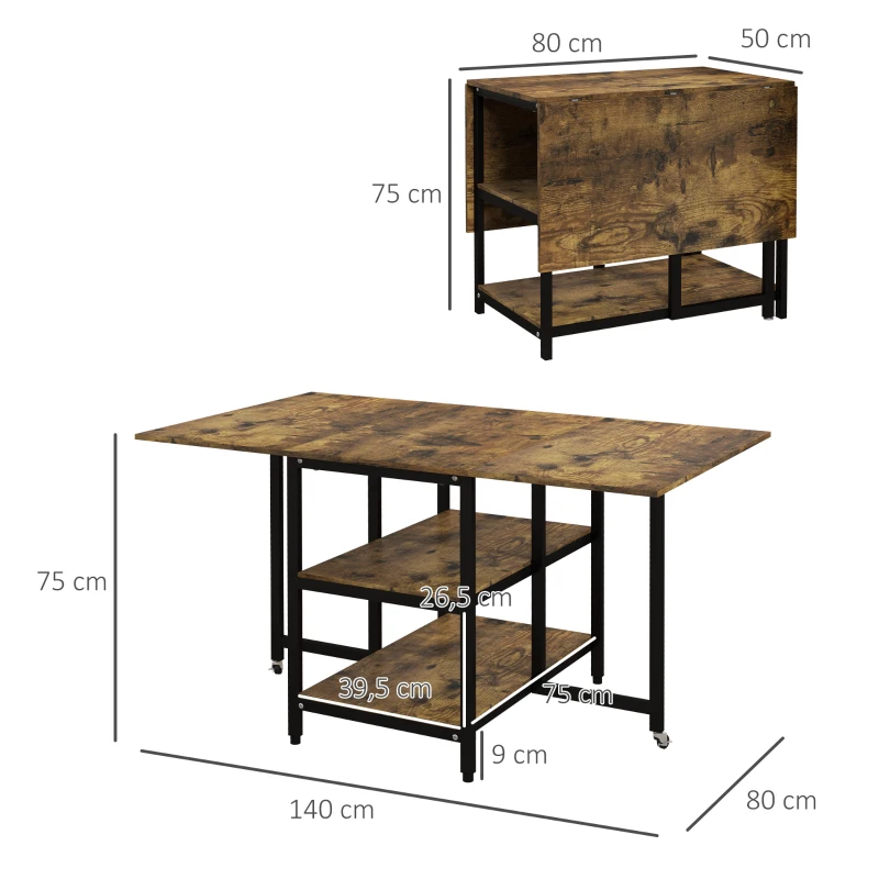 HOMCOM Opvouwbare eettafel, industriële stijl, 140 cm x 80 cm x 75 cm, bruin + zwart(m-3)