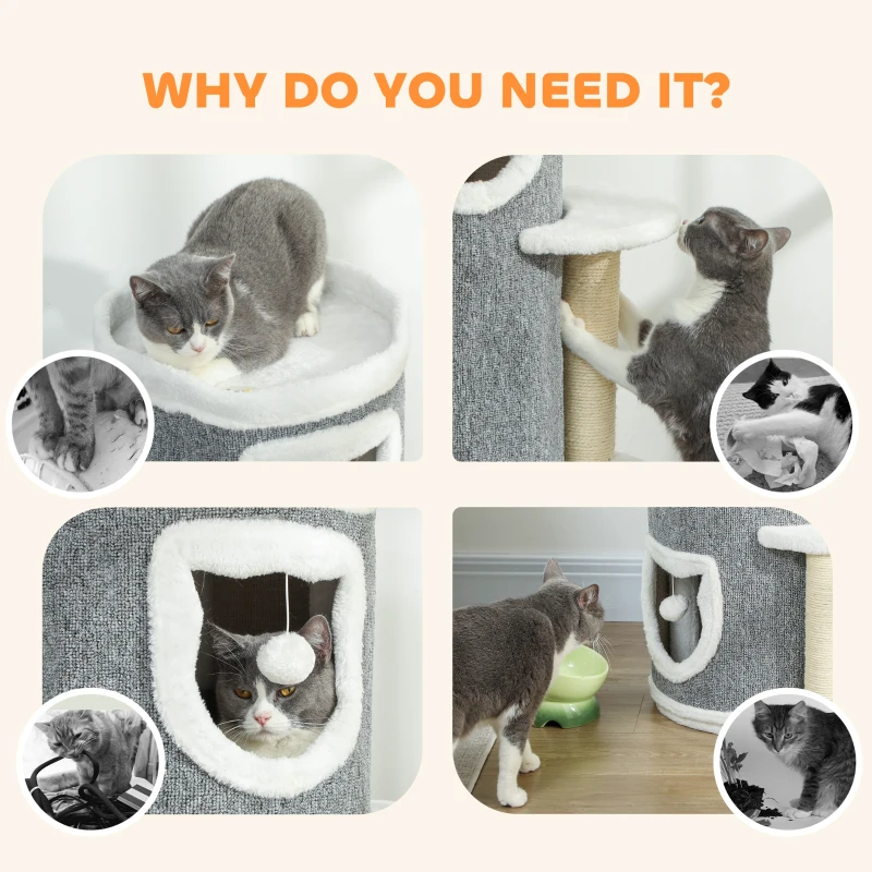 PawHut 101 cm Cat Tree with Sisal Scratching Posts, 3 Barrel Condos, 3 Platforms, for Indoor Cats to Rest and Play