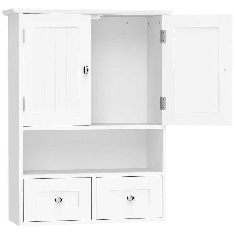 kleankin Armário de Parede para Casa de Banho com 2 Portas Prateleira Aberta e 2 Gavetas Estilo Moderno 50,8x17,8x66 cm Branco