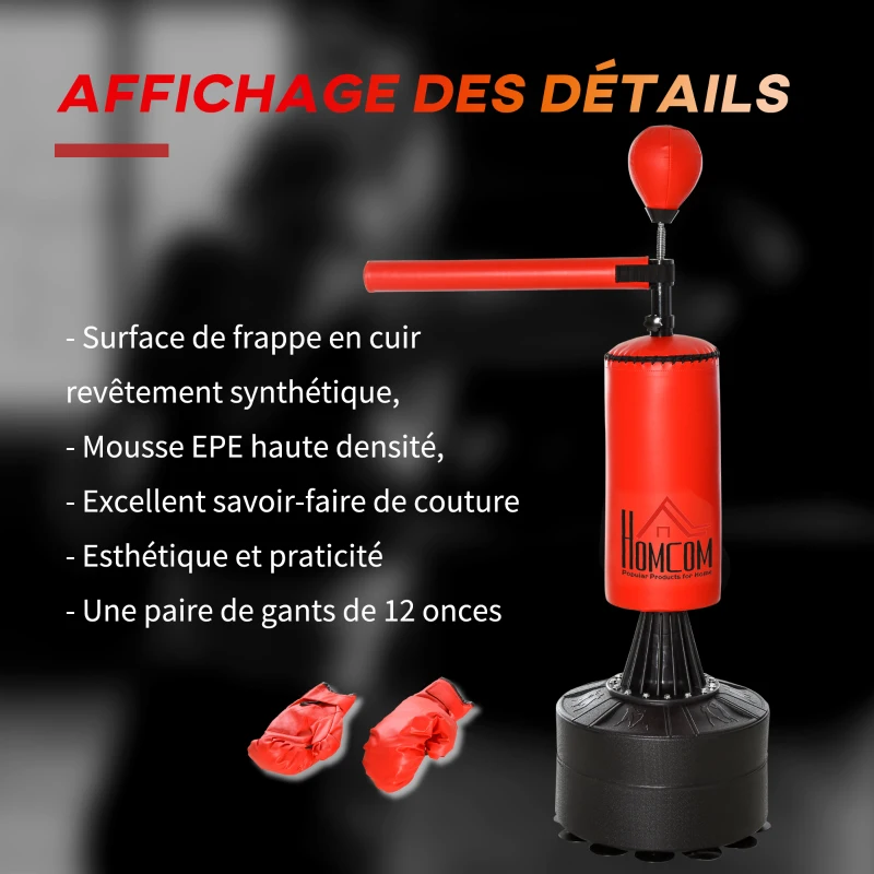 HOMCOM Sac de frappe sur pieds punching ball brunier 3 en 1 avec ballon de vitesse bras flexible rotatif hauteur réglable revêtement synthétique base HDPE dim. 88L x 48l x 155-205H cm noir rouge