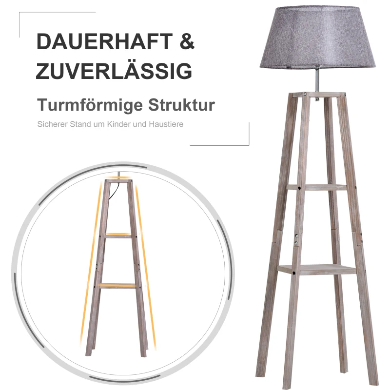 HOMCOM Staande lamp met schappen, Scandinavische schemerlamp, lamp, linnen, grenen hout, natuurlijk, grijs, 45 x 45 x 148 cm schappen vloerlamp lamp grenen naturel grijs | Aosom.de