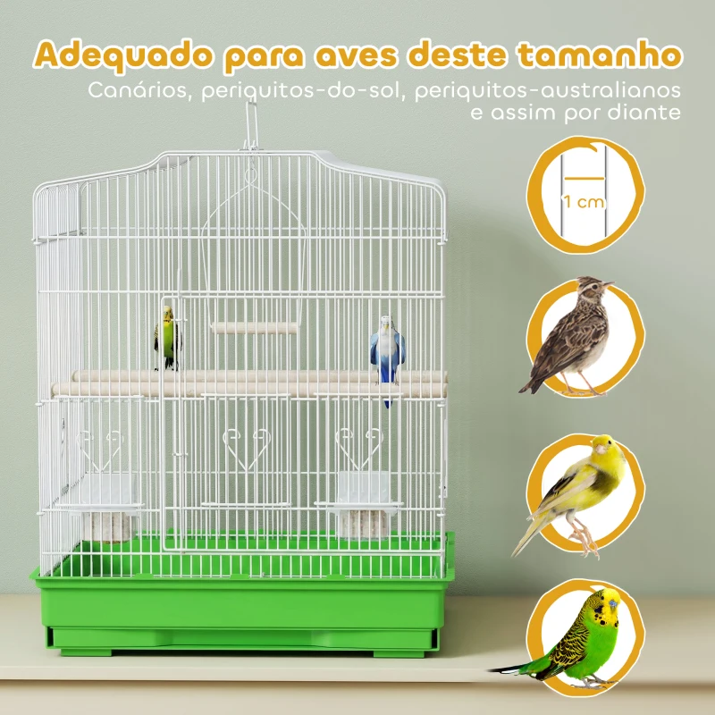 PawHut Gaiola para Pássaros Gaiola de Aço com 2 Alimentadores 2 Poleiros Baloiço e Bandeja Removível Pega 46,5x36x59 cm Verde