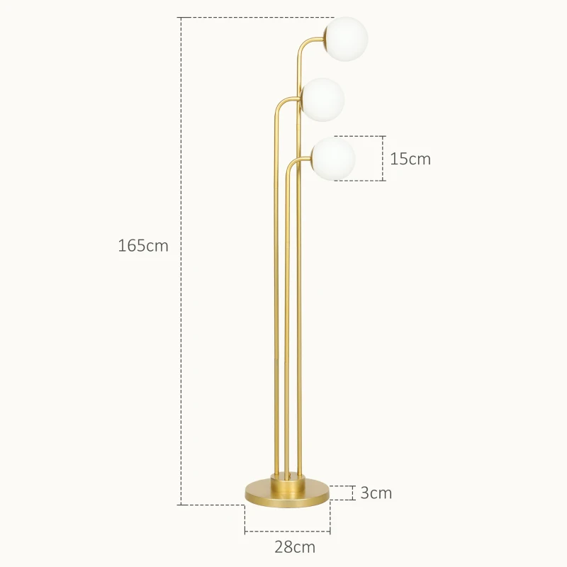 HOMCOM Moderne vloerlamp met 3 lampschermen, met voetschakelaar, voor woonkamer, slaapkamer, 3 x E27-fitting, goudkleurig