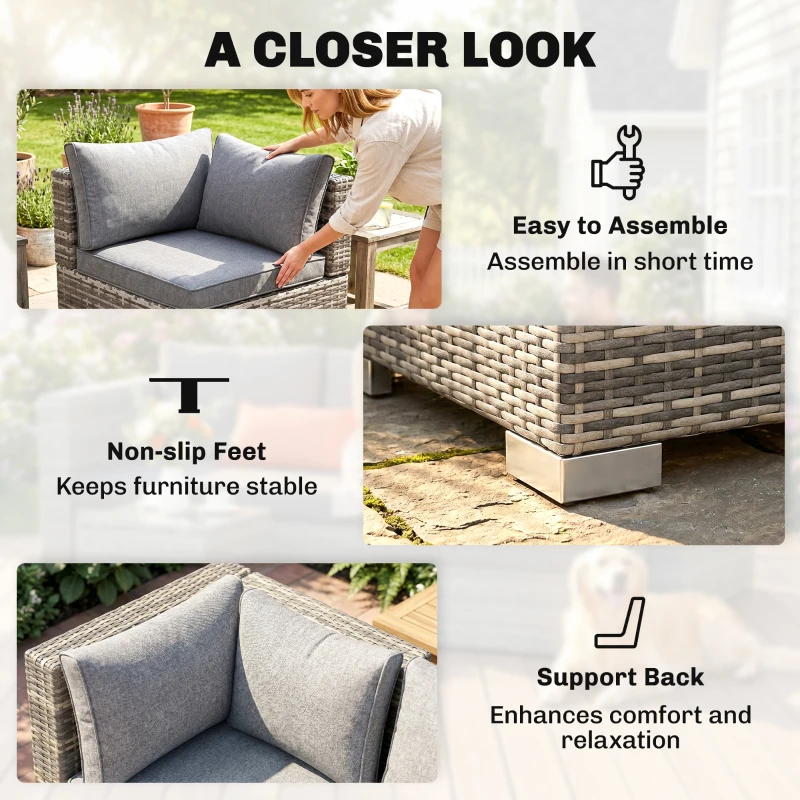 Outsunny Outdoor PE Rattan Corner Sofa, Garden Wicker Furniture Single Sofa Chair w/ Cushions, Light Grey