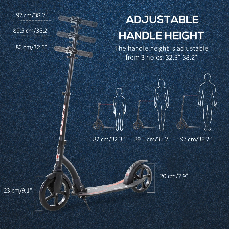 HOMCOM Foldable Kick Scooter with Double Shock Absorption and Big Wheels, Height Adjustable Aluminium Frame Big Wheel Scooter for 14+ Teens Adult - Black