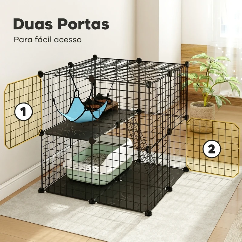 PawHut Gaiola Interior para Gatos de 2 Níveis em Aço com 2 Portas, Escada e Rede, 70 x 70 x 70 cm, Preta