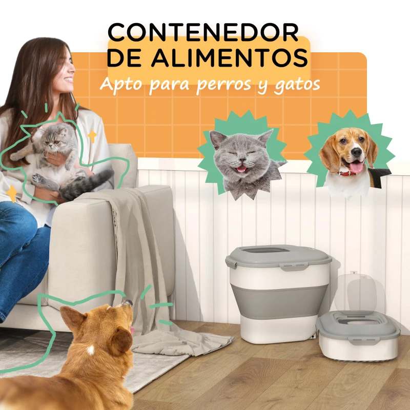 PawHut Contenedor de Comida para Perros 25L con Ruedas Taza Medidora Cuenco Plegable y Cuchara Gris