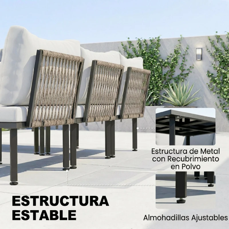 Outsunny Conjunto de Jardín Exterior de 6 Piezas con Sofá 2 Plazas Módulo de Esquina 2 Sillones Reposapiés Mesa de Vidrio Gris
