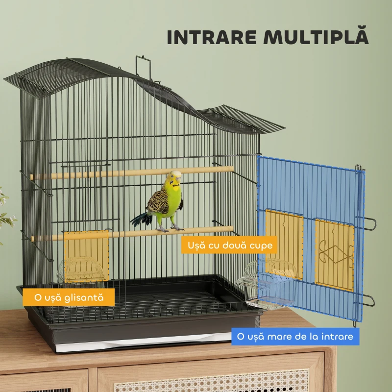 PawHut Cușcă pentru Păsări cu 4 Accesuri, 2 Boluri, 2 Stinghii și Tavă Detașabilă, Volieră din Metal și Plastic, 47,5x36x54,5 cm, Negru
