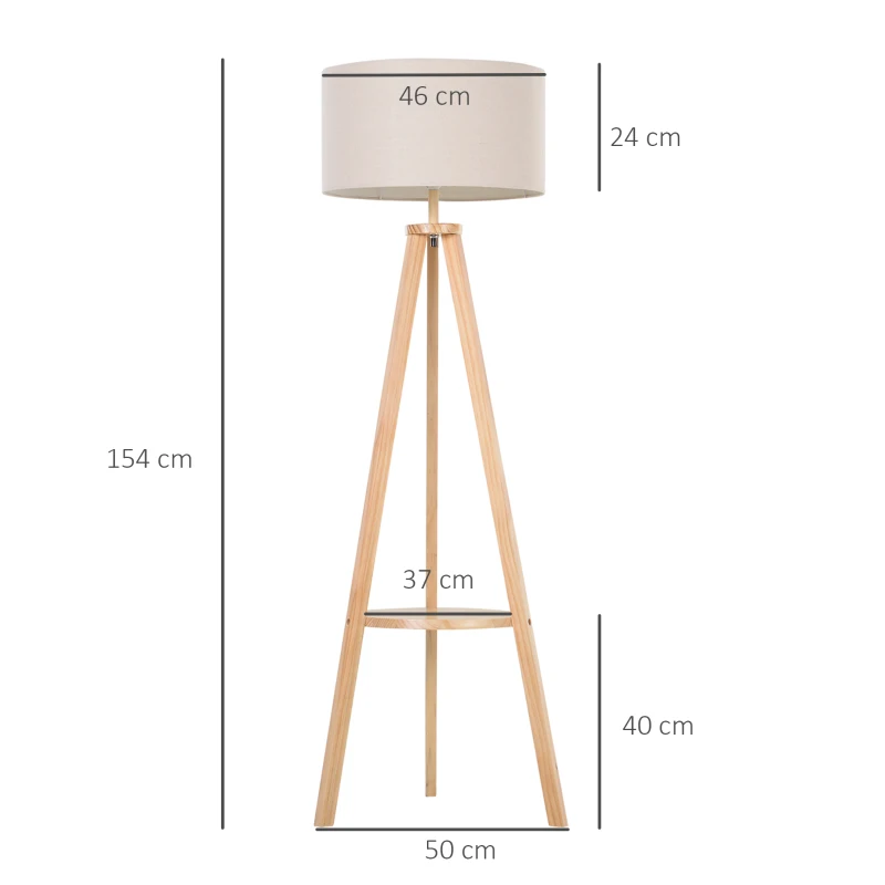 HOMCOM Lampada da Terra con Ripiano Intermedio Paralume in Lino Interruttore a Pedale Risparmio Energetico Altezza 154cm, Legno, 50x50x154 cm