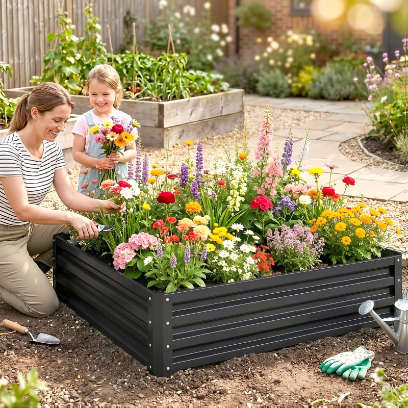 Outsunny Bedplantenbak met stalen kast grijs 120 x 120 x 30 cm