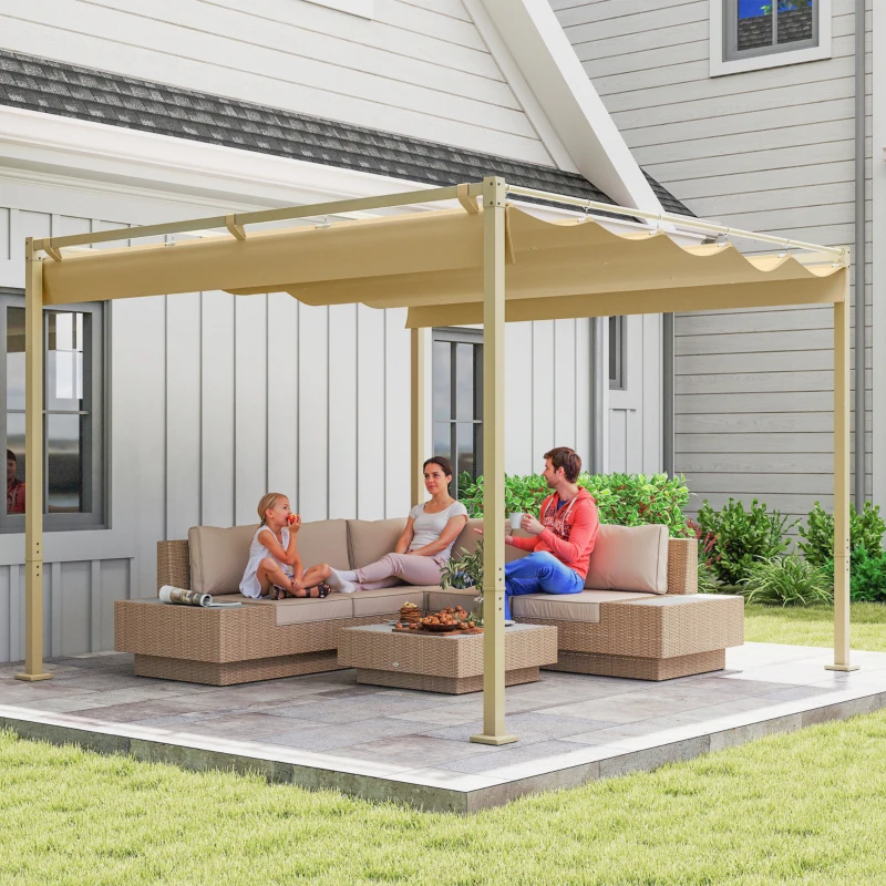 Outsunny Pérgola com Telhado Retrátil Pérgola de 3x3 m com Fecho Magnético Proteção UV30+ Pérgola para Jardim Cáqui