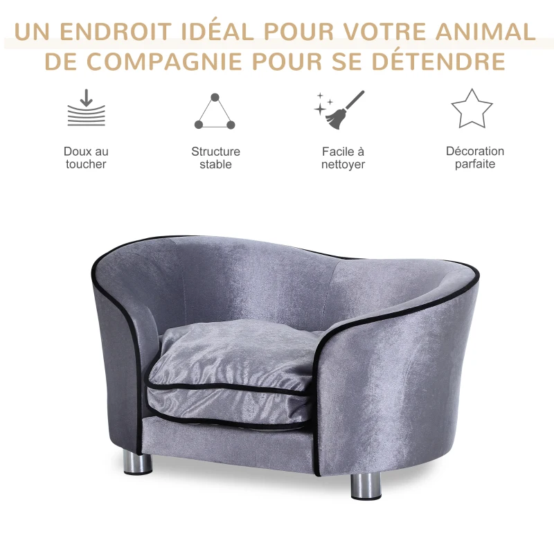 PawHut Canapé chien chat sur pied style  contemporain lit animaux avec accoudoir dossier coussin amovible grand confort + poche rangement revêtement peluche courte 69 x 49 x 38 cm gris