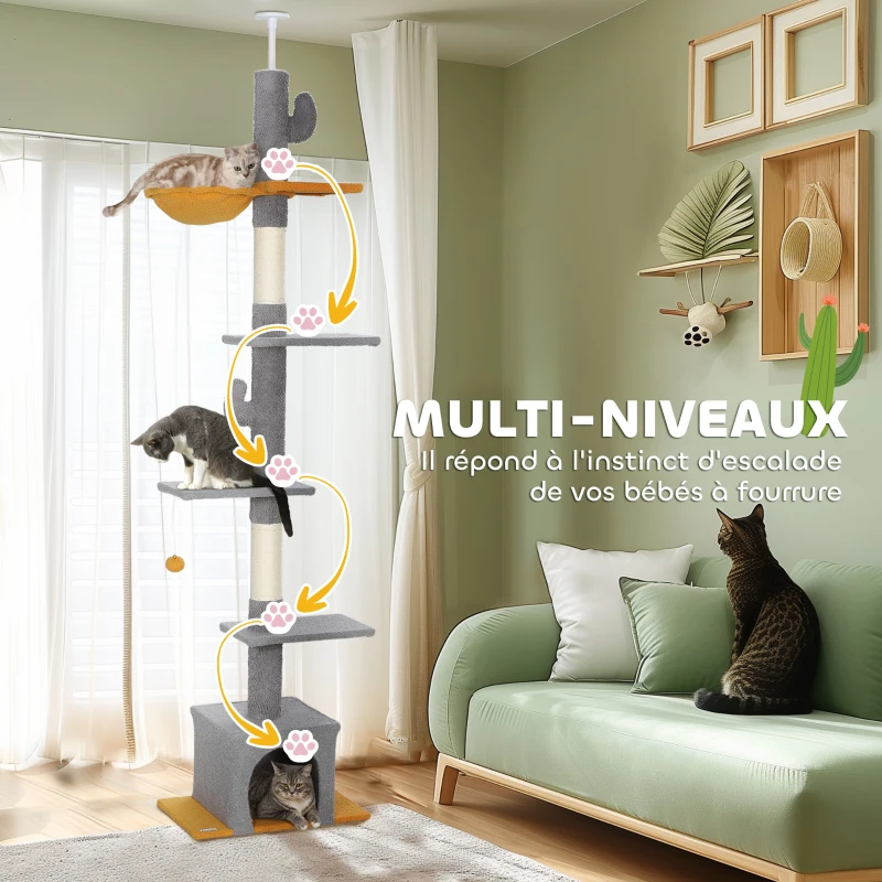 PawHut Arbre à chat, hauteur 275 cm, 6 niveaux pour chat d'intérieur, du sol au plafond, avec plate-formes, niche, gris clair