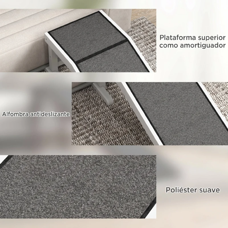 PawHut Rampa para Mascotas de Madera con Alfombra Antideslizante para Perros Pequeños o Mayores 125x40x35,5 cm Blanco y Gris