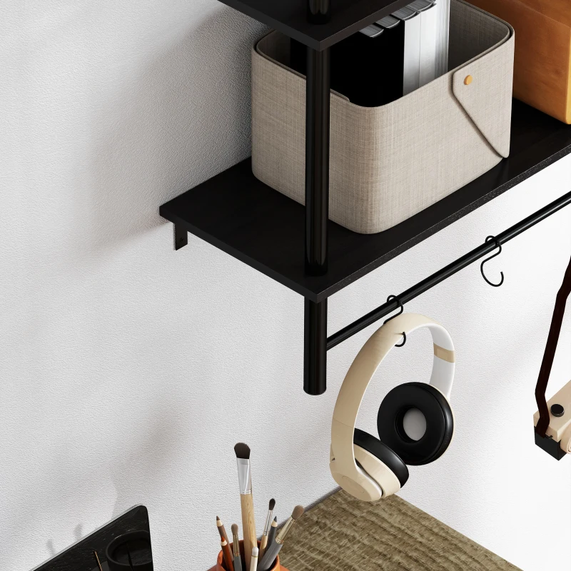 HOMCOM Estante de Parede de 2 Níveis Estante Suspensa com 4 Ganchos 2 Prateleiras e Estrutura de Metal 80x24x65 cm Preto