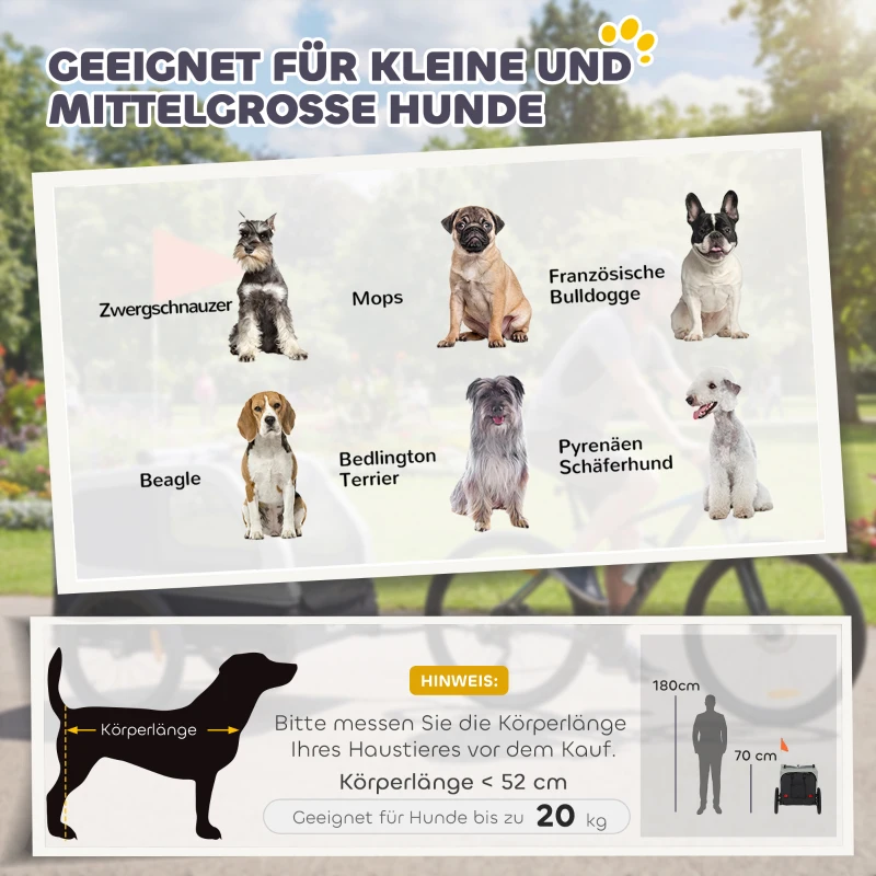 PawHut Opvouwbare Fietsaanhanger voor Middelgrote Honden tot 20kg Helling, Reflectoren, Lijn en Vlag Grijs