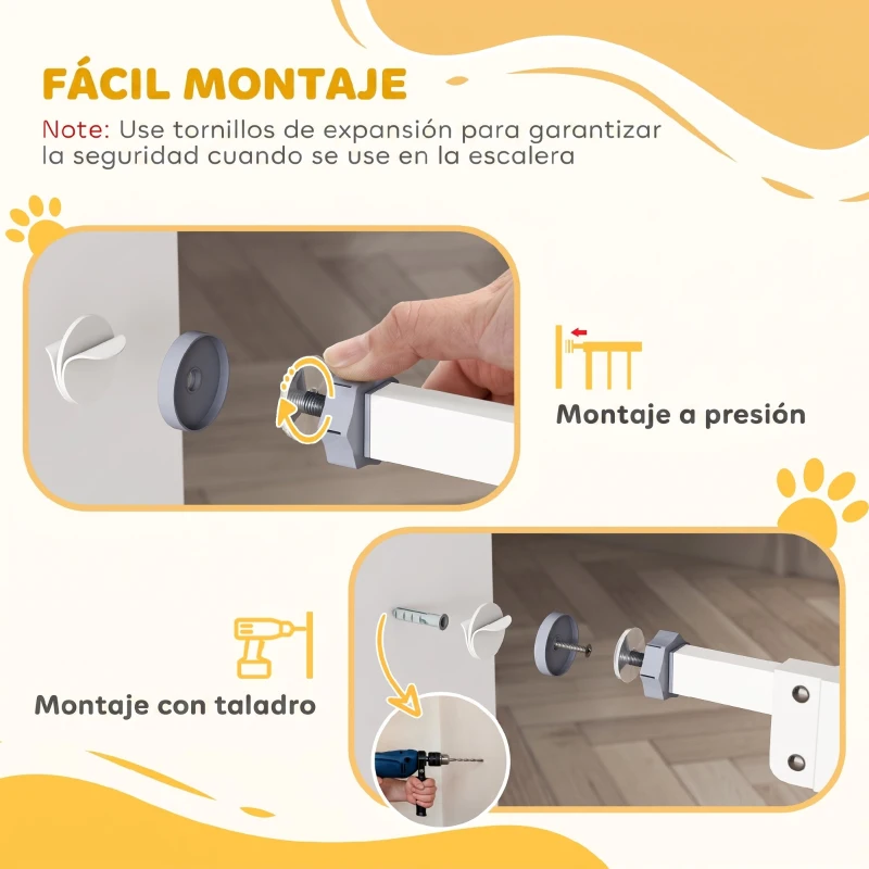 PawHut Barrera de Seguridad para Perros 74-100 cm con Extensiones Montaje a Presión y Doble Bloqueo Blanco
