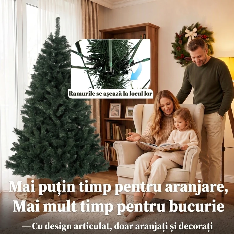 HOMCOM Brad de Crăciun Artificial, 180 cm, cu 820 de Crengi Ignifuge, Verde