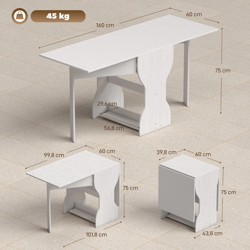HOMCOM Klapbare Eettafel Keukentafel met Opbergruimte voor 2-4 Personen Klaptafel voor Kleine Ruimtes Eetkamer 160 x 60 x 75 cm Wit
