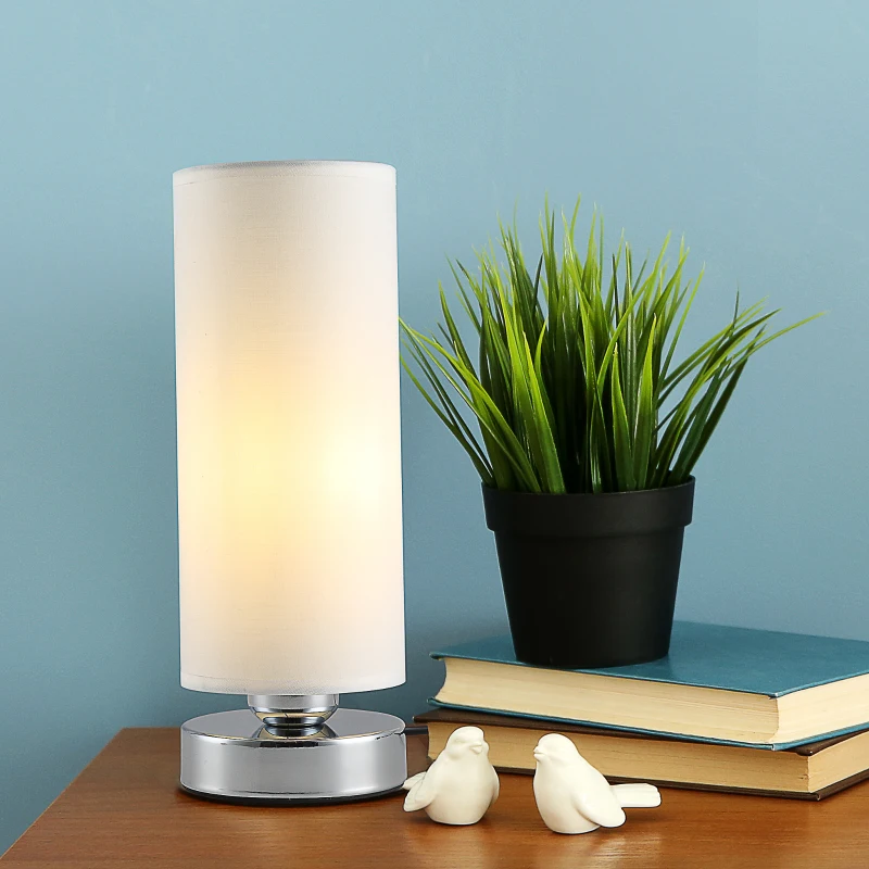 HOMCOM Lampe de table tactile dim. Ø 10,8 x 30H cm piètement métal chromé abat-jour coton polyester blanc