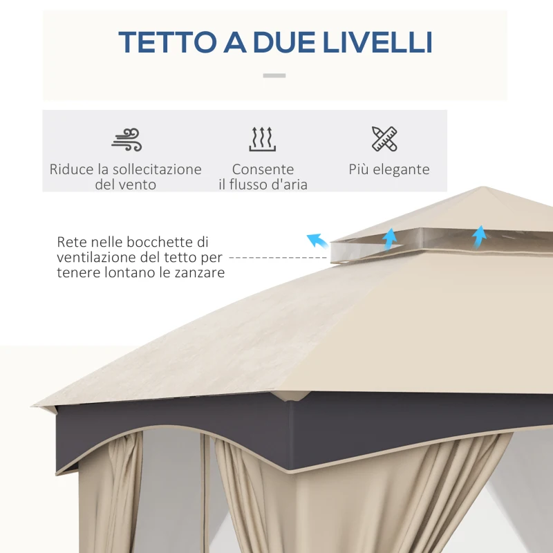 Outsunny Gazebo da Giardino 3x3m in Acciaio con Doppio Tettuccio e Tende, Beige e Grigio