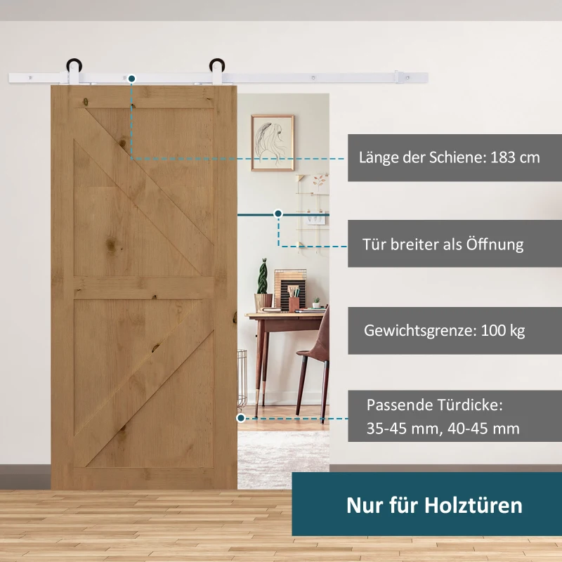 HOMCOM Schuifdeurrails Kit, Soepele Rollen, Ruimtebesparend, Koolstofstaal, Wit, 183 cm