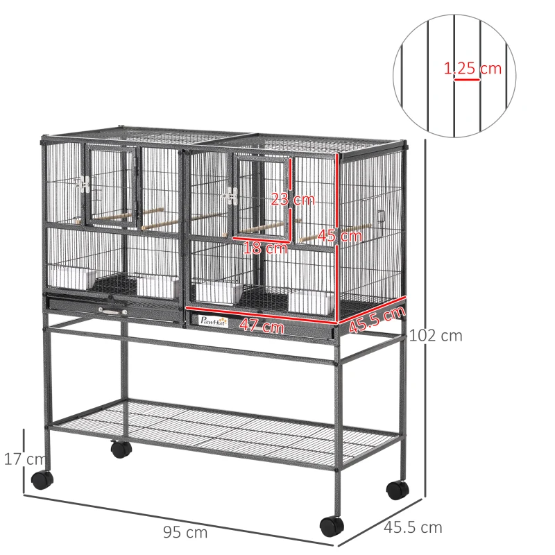 PawHut Doppia Gabbia per Uccelli in Metallo di Alta Qualità con Vassoi Estraibili, Supporto Stabile con 4 Ruote e Ripiano, 95x45.5x102cm, Nero Grigio