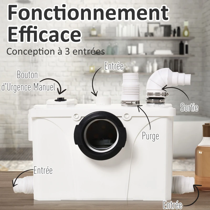 HOMCOM Broyeur sanitaire WC pompe de relevage 600 W silencieux compact 4 colliers serrage + 4 embouts blanc
