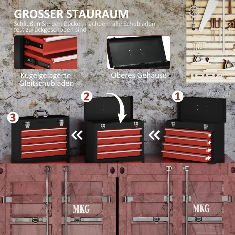 DURHAND gereedschapskist Gereedschapskist zonder gereedschap met 4 lades en slot, 51 x 22 x 39,5 cm, zwart+rood