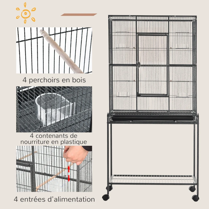 PawHut Cage à Oiseaux Portable avec 4 Mangeoires et 4 Perchoirs Pratique 77 x 47 x 163 cm Noir et Gris