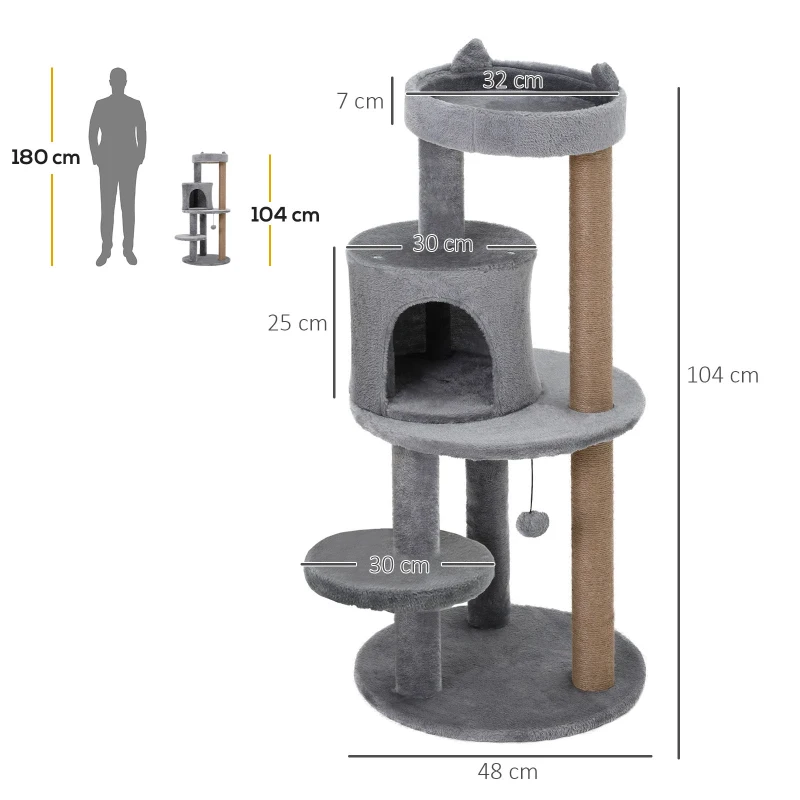 PawHut krabpaal kattengrot kattenhuis 4 verdiepingen met speelballen zitstok, sisalzuil en krabplank, groot, stevig, luxe, sisal pluche grijs 48 x 48 x 104 cm(m-3)