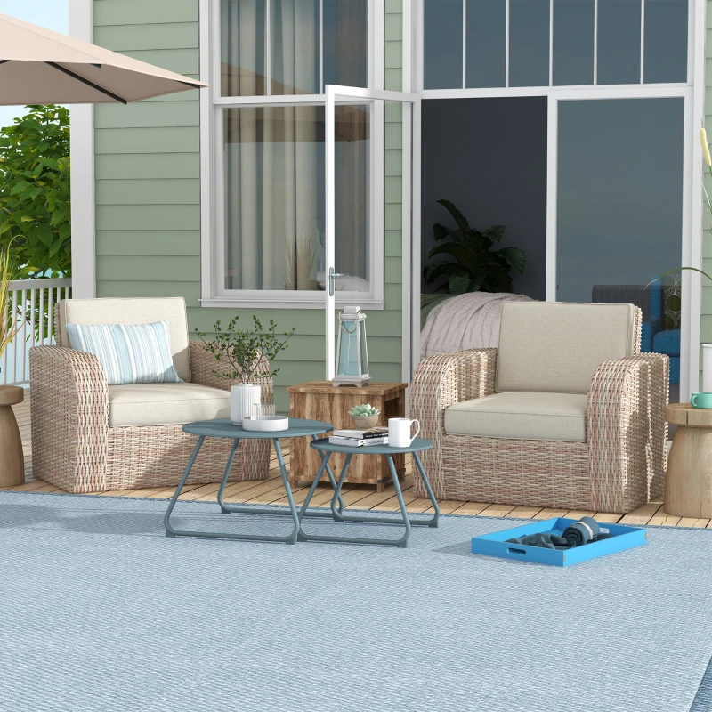 Outsunny Lot de 2 tables basses rondes gigognes empilables de Jardin métal époxy, Table d'Appoint Stable pour extérieur, Bleu